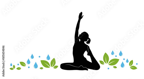 Silhouette of a woman in yoga pose with leaves and water drops design