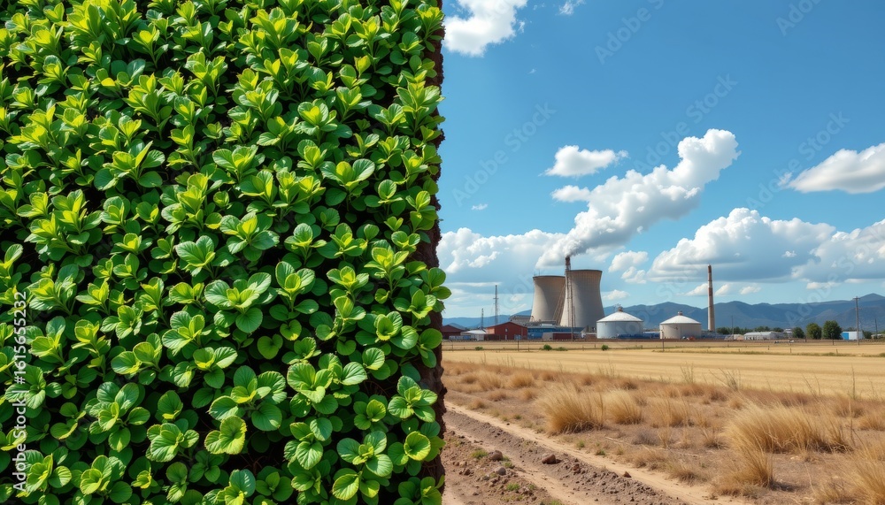 Fototapeta premium Contrasting vibrant green foliage wall against industrial landscape rural setting photography bright day environmental awareness