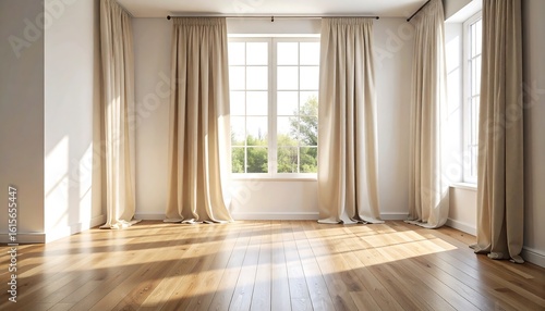 Wallpaper Mural Bright Empty Room with Large Windows and Beige Curtains Torontodigital.ca