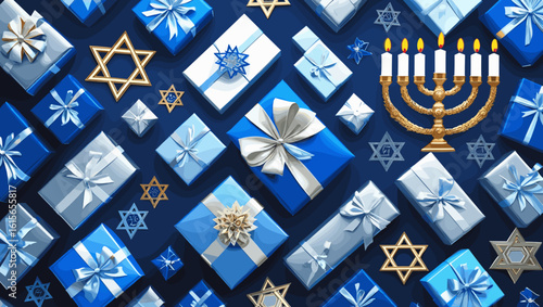 Festive arrangement of blue wrapped gifts, Star of David symbols, and menorah for Hanukkah celebration