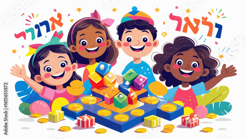 Cheerful children celebrating a festive occasion with colorful blocks and gifts on a joyful background