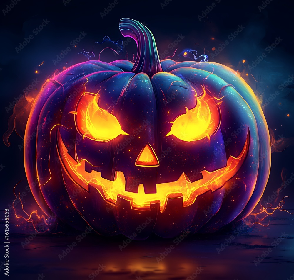 Naklejka premium Glowing Jack O Lantern with Fiery Eyes and Mouth on Dark Background halloween pumpkin