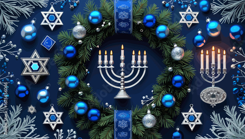 Festive wreath with menorah, blue and silver ornaments, and Stars of David for Hanukkah celebrations