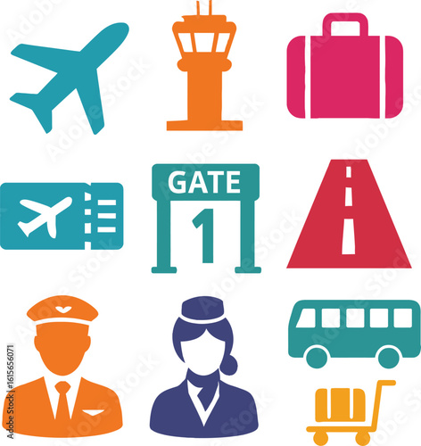 Airport travel icons featuring airplane control tower suitcase ticket gate road pilot attendant bus and baggage cart