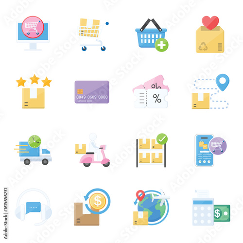 E commerce and Online Shopping Icon Set Flat Pastel Style