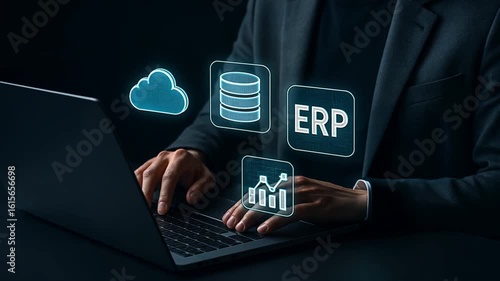 A businessman typing on a laptop with floating digital icons for ERP around their hands, Enterprise Resource Planning System, erp, sap