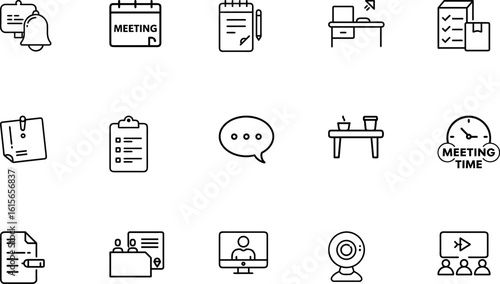 Minimalist meeting essentials icon set for office, scheduling, and reminders