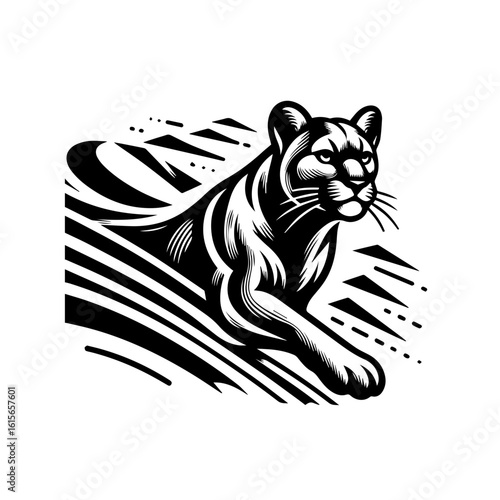 Stylized Black and White Illustration of a Powerful Cougar.