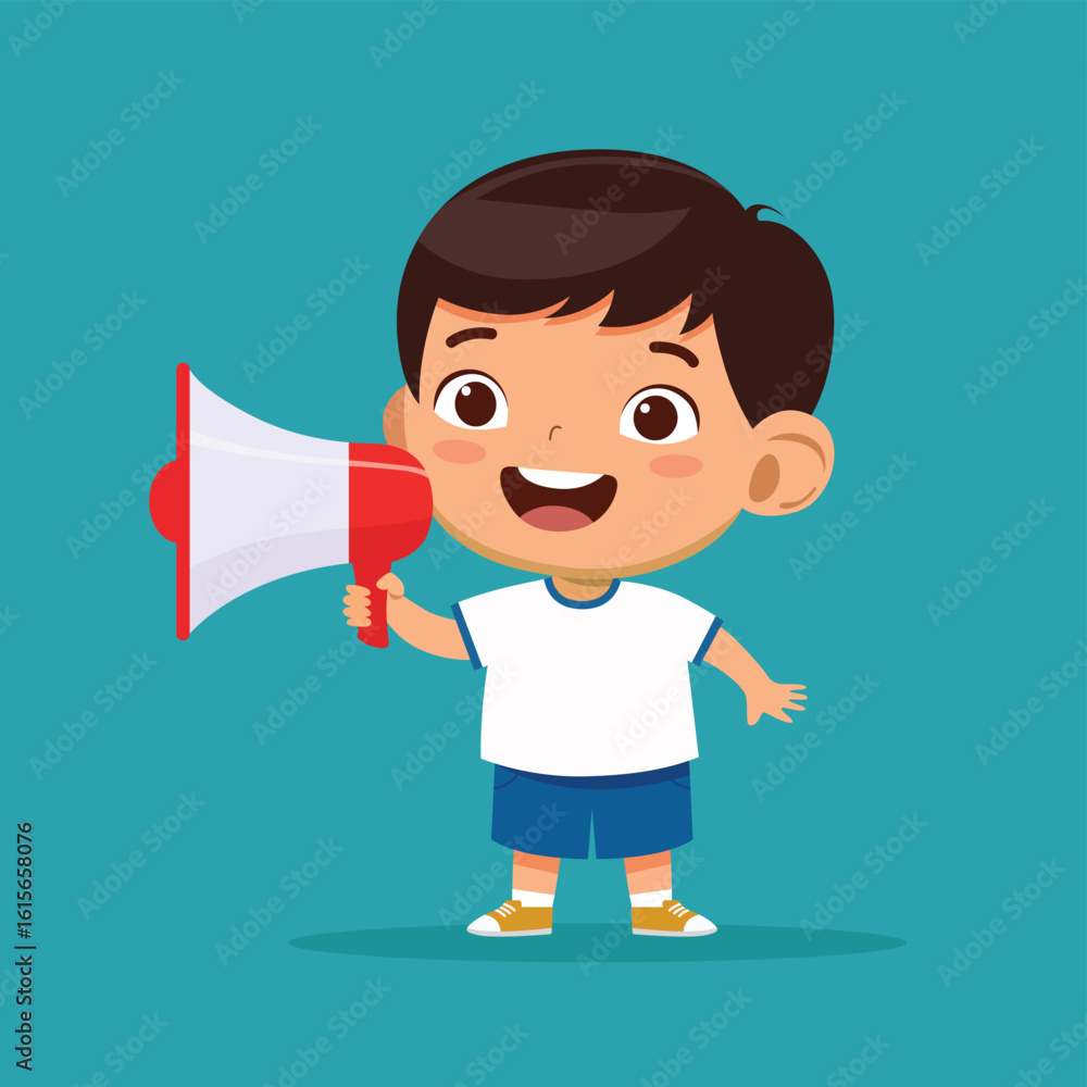 Happy cute little kid boy holding a megaphone illustration. Happy cute little kid boy holding a megaphone illustration.