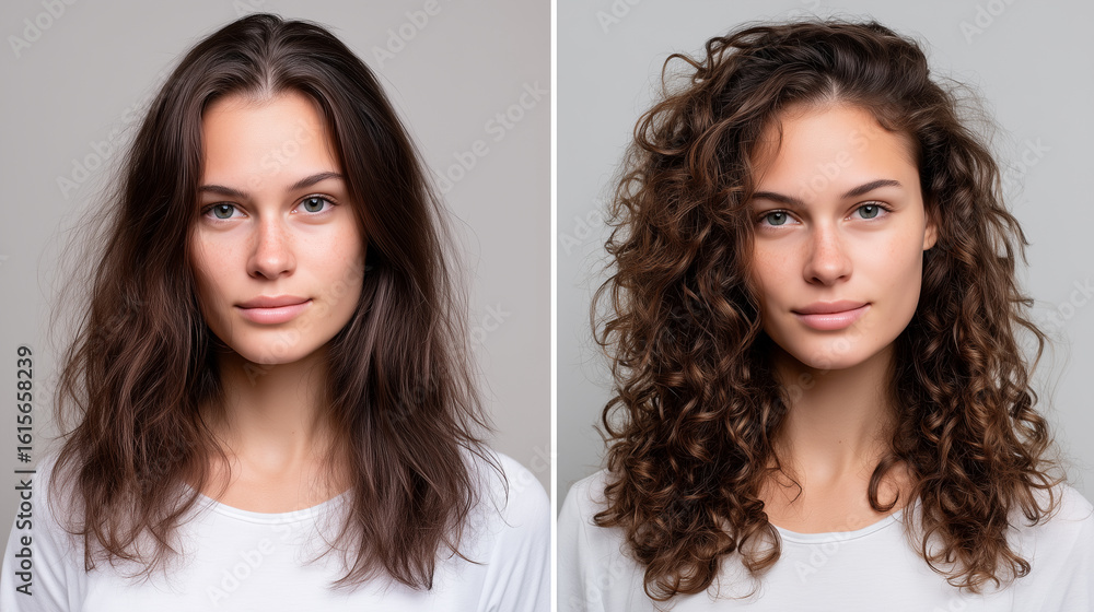 Before-and-after collage of woman with dry vs. shiny thick hair beauty transformation, product result, haircare routine, glossy look Before-and-after collage of woman with dry vs. shiny thick hair beauty transformation, product result, haircare routine, glossy look
