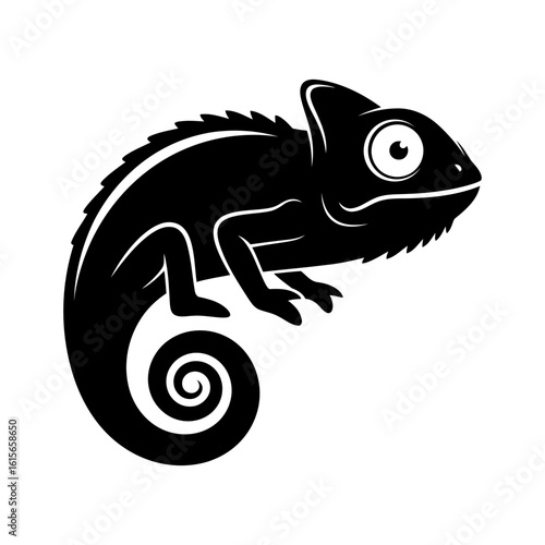 Vector art of a striking chameleon silhouette with a curled tail, showcasing its unique reptilian features