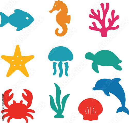 Colorful collection of stylized marine animals and sea plants on a white background