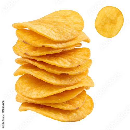 Isolated Photo Of Crispy Golden Potato Chips Stacked Up On Black Background