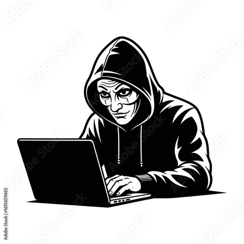 Vector art of a hooded hacker is typing on a laptop, representing cybercrime and digital security threat