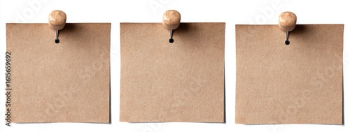 Three blank kraft paper notes pinned to a white background