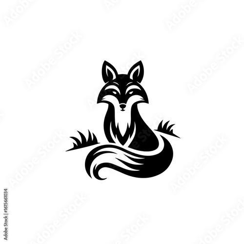 Stylized Black Fox Sitting Amidst Abstract Grass Blades.