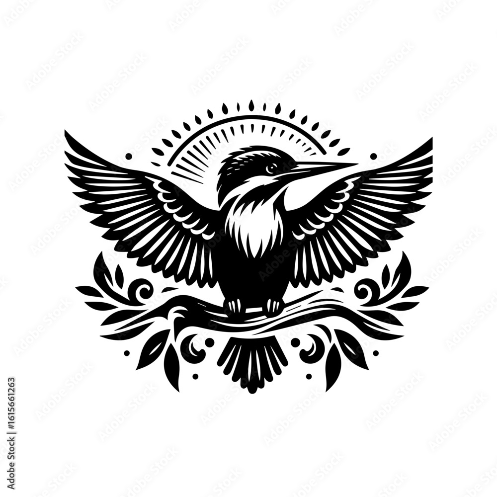 Obraz premium Stylized Black Kingfisher Bird with Open Wings Perched on Branch.