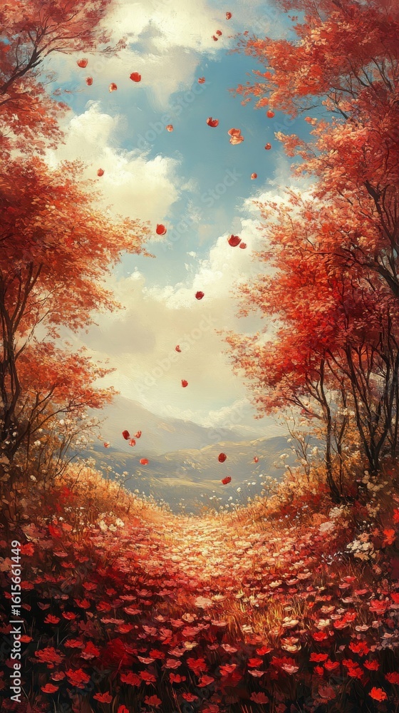 Fototapeta premium Falling Flower Petals in a Red and Orange Autumn Landscape