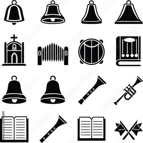 Bell, music, icon, set, church, instrument, silhouette, vector, black, isolated, illustration, design, sound, classic, rhythm, celebration