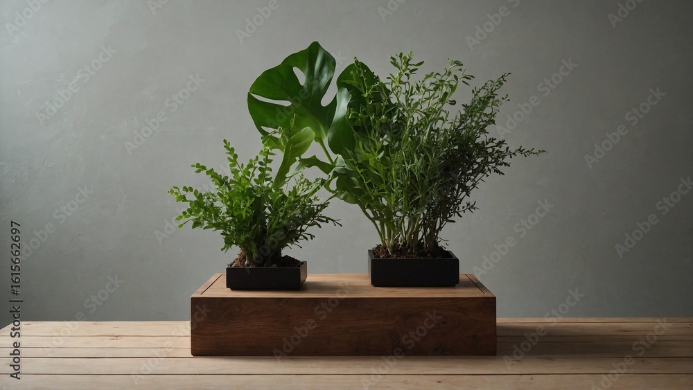 Minimalist Wooden Podium Display with Fresh Greens Minimalist Wooden Podium Display with Fresh Greens