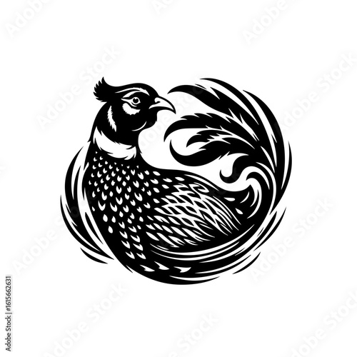 Stylized Black Silhouette of a Pheasant in a Circular Design.