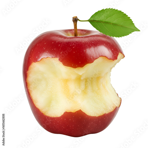 Isolated Photo Of A Bitten Red Apple With Green Leaf On Transparent Background
