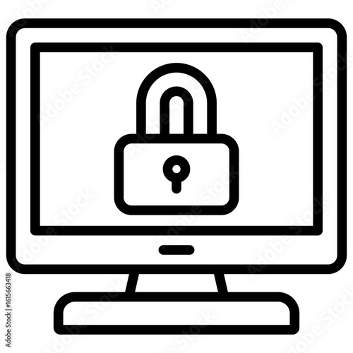 PC Security Outline Icon Design Vector - desktop monitor with a padlock, representing computer protection, secure access, and system security