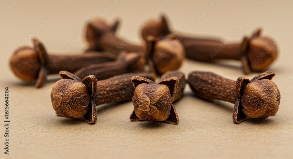 Fototapeta premium Close-up of aromatic brown cloves on a beige surface
