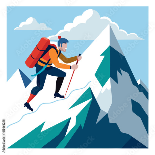 Mountain Climber Ascending a Snowy Peak with Trekking Poles and Backpack Set Against a Blue Sky with Fluffy Clouds in a Stylized Geometric Illustration stylized