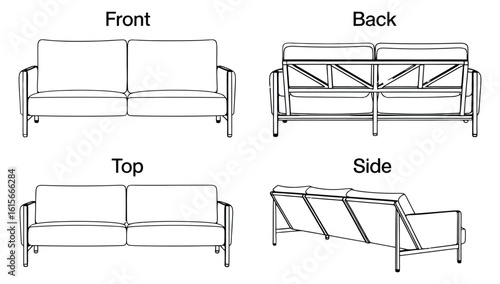 Vector art of technical drawing of a modern sofa from front, back, top, and side views