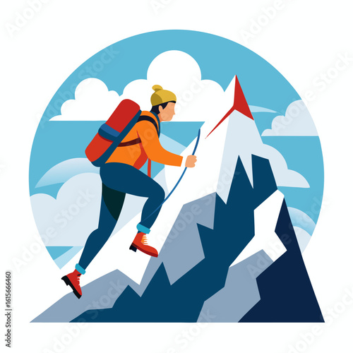 Illustrated Mountain Climber Ascending a Snowy Peak with a Rope Wearing a Backpack and Winter Gear Set Against a Blue Sky with Clouds in a
