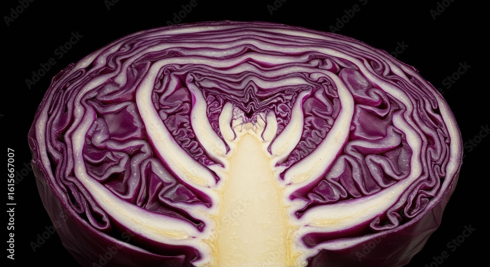 Obraz premium Cross section of vibrant purple cabbage, detail and texture revealed.