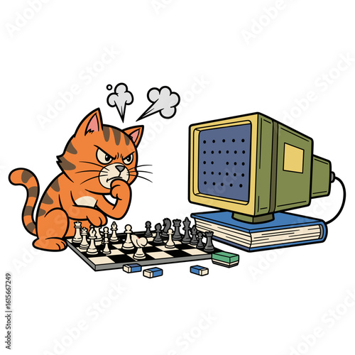 Frustrated Cat Playing Chess Against Computer, Brain Challenge Illustration