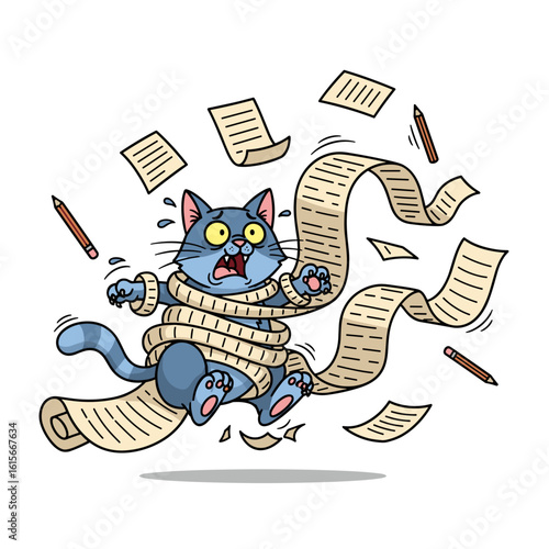 Stressed Cat Tangled in Documents and Pencils, Overwhelmed by Paperwork
