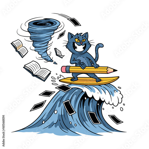 Cat Surfing a Wave of Knowledge with Pencil, Navigating Information Overload
