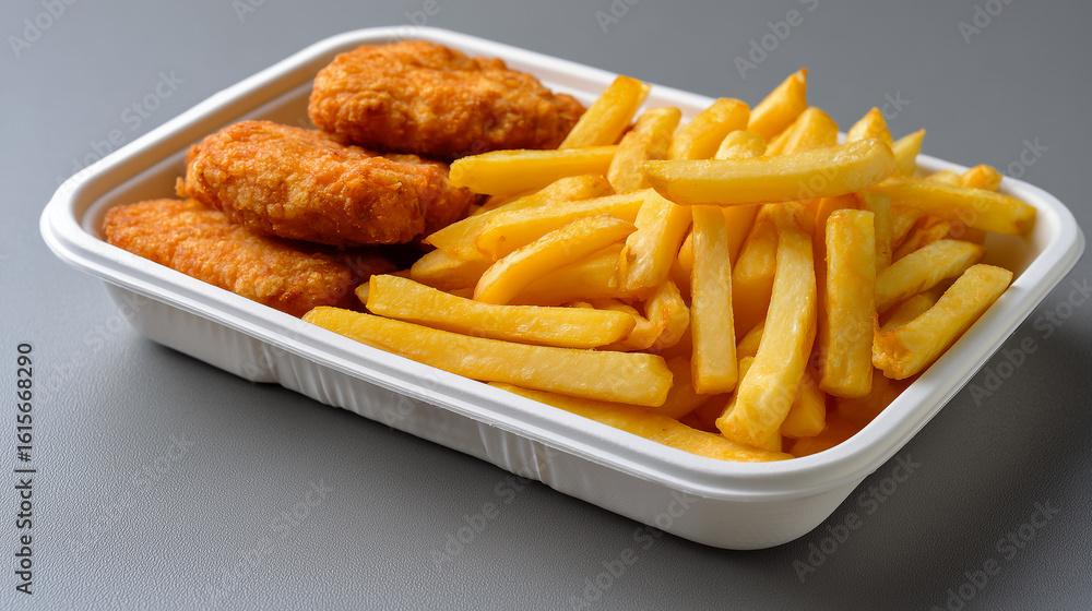 Single-use disposable paper tray for fast food filled with french fries and fried meat Single-use disposable paper tray for fast food filled with french fries and fried meat