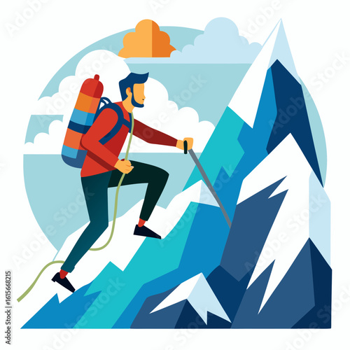 Illustrated Mountain Climber Ascending a Snowy Peak with Backpack and Climbing Pole Set Against a Sky with Clouds in a Stylized Geometric Vector Graphic man