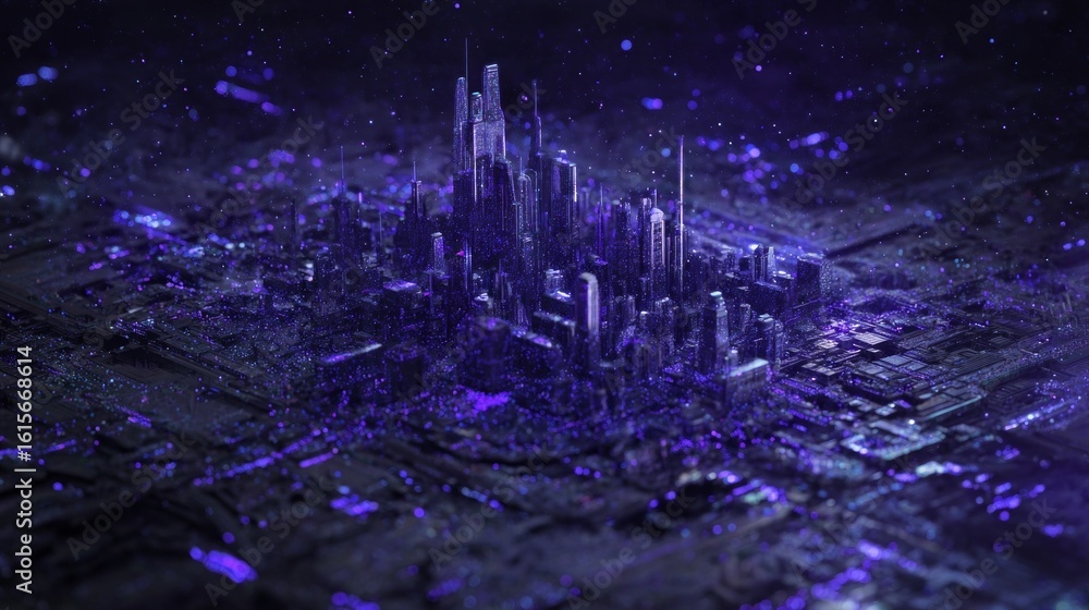Obraz premium Futuristic cityscape illustration featuring towering skyscrapers and intricate details, illuminated by vibrant purple hues, showcasing a digital metropolis in a cosmic environment