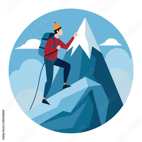 A stylized illustration of a mountain climber ascending a snowy peak set against a blue sky with clouds within a circular frame showcasing adventure and