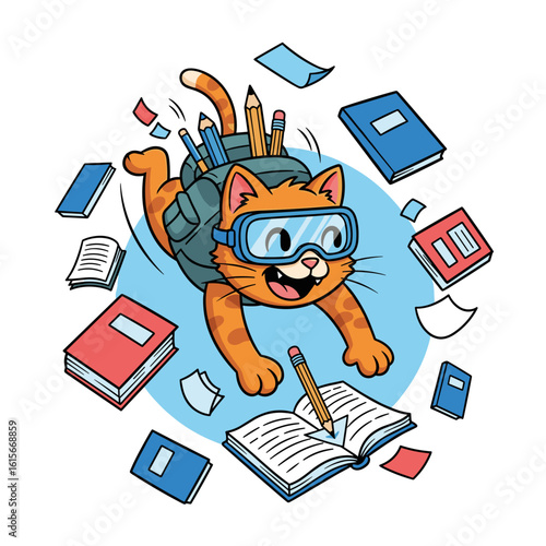 Adventurous Cat with Diving Mask and Backpack, Soaring Through a World of Books
