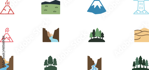 Striking collection of landscape and natural environment icons featuring volcanoes, grasslands, mountains, waterfalls, canyons, forests, and deserts.