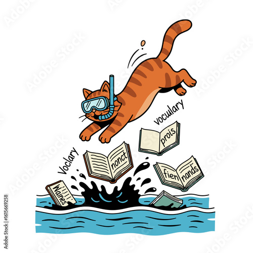 Adorable Cat Diver Jumping into Water with Books for Immersive Language Learning