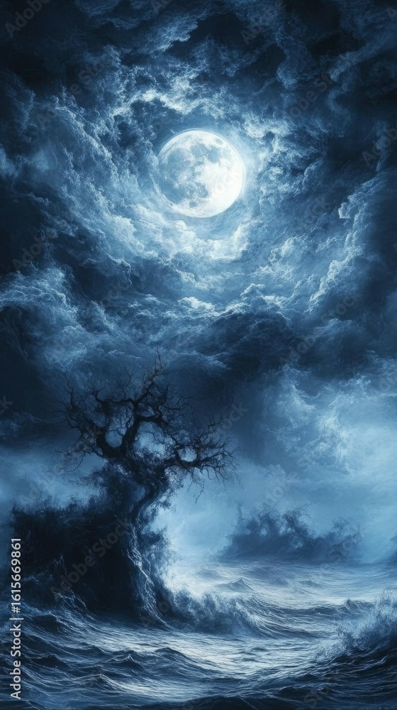 Obraz premium Full Moon Over Ocean Waves with Tree Silhouette at Night