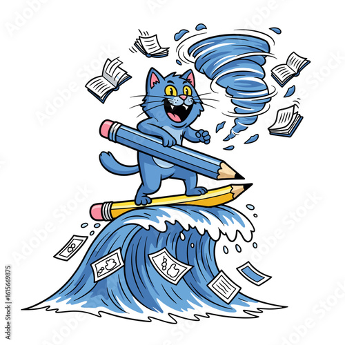 Cartoon Cat Surfing Pencil on Book Wave with Paper Tornado Illustration