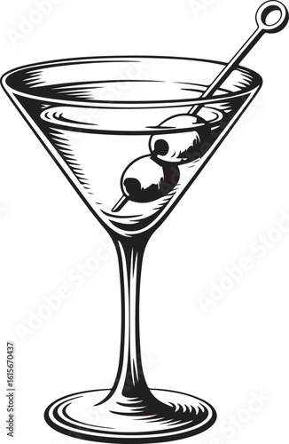 Hand-Drawn Martini Glass with Olives – Classic Cocktail Sketch Vector Illustration