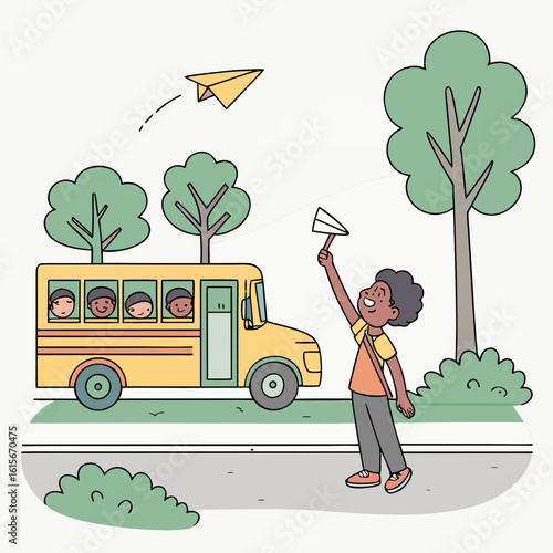 Illustration of a boy holding a paper airplane near a school bus with children and flying paper plane