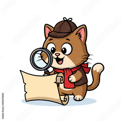 Cartoon Cat Detective with Magnifying Glass and Scroll Investigating - Mysterious Vector