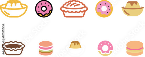 Assortment of delectable dessert and sweet treat icons including puddings, donuts, and macarons, symbolizing culinary delights and sugary pleasures.