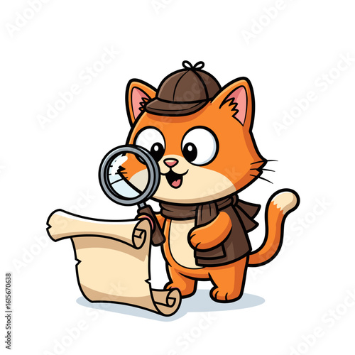 Orange Cartoon Cat Detective with Magnifying Glass and Scroll - Investigation Vector