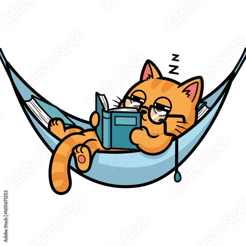 Sleepy Cartoon Orange Cat with Glasses Napping in Hammock While Reading Book